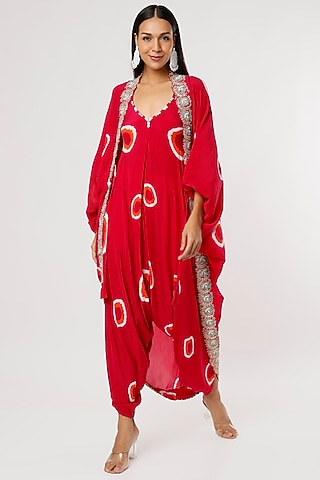 Red Crepe Printed & Embroidered Jacket Dress by Nupur Kanoi