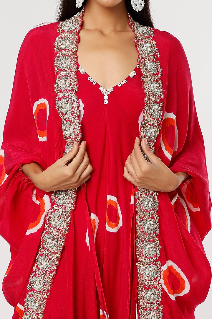 Red Crepe Printed & Embroidered Jacket Party Wear Dress by Nupur Kanoi at Pernia's Pop Up Shop