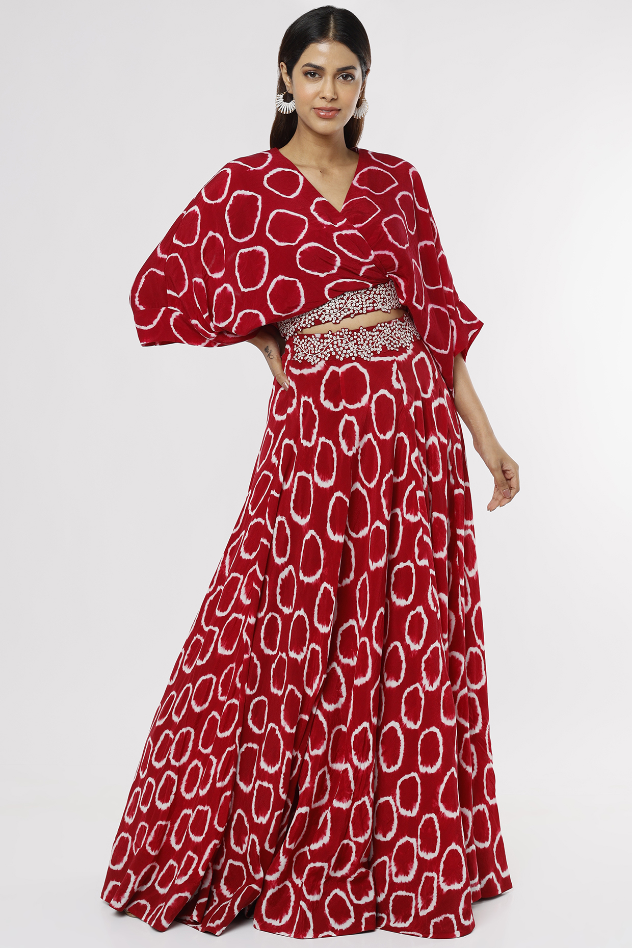 Red Crepe Printed Pant Set by Nupur Kanoi at Pernia's Pop Up Shop