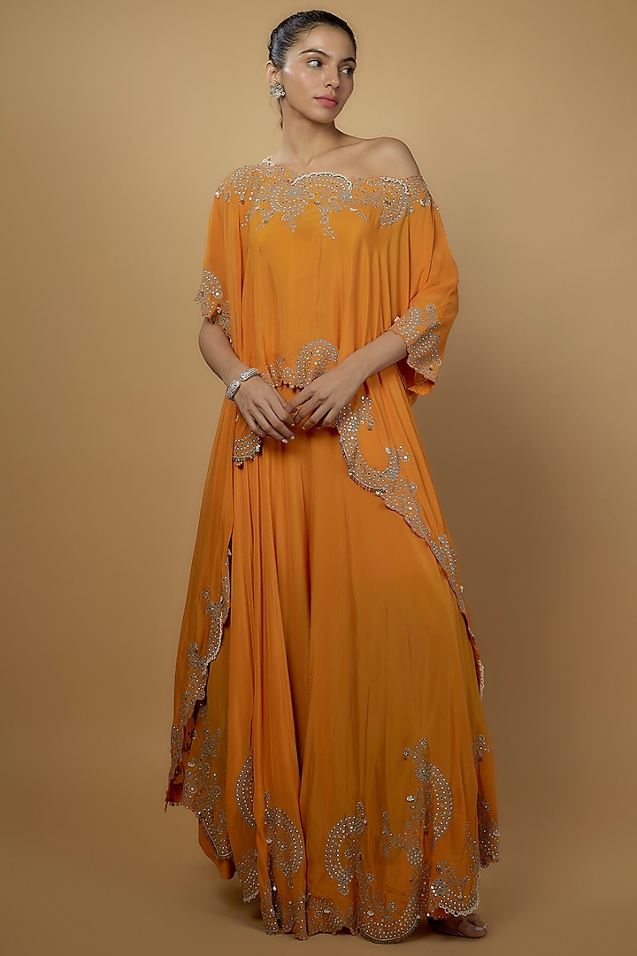 Orange Silk & Crepe Sharara Set by Nupur Kanoi