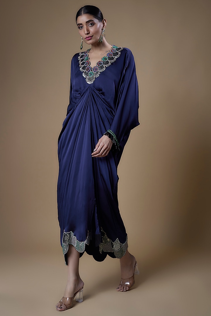 Navy Blue Satin Embroidered Dress by Nupur Kanoi at Pernia's Pop Up Shop