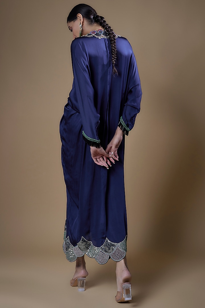 Navy Blue Satin Embroidered Party Wear Dress by Nupur Kanoi at Pernia's Pop Up Shop