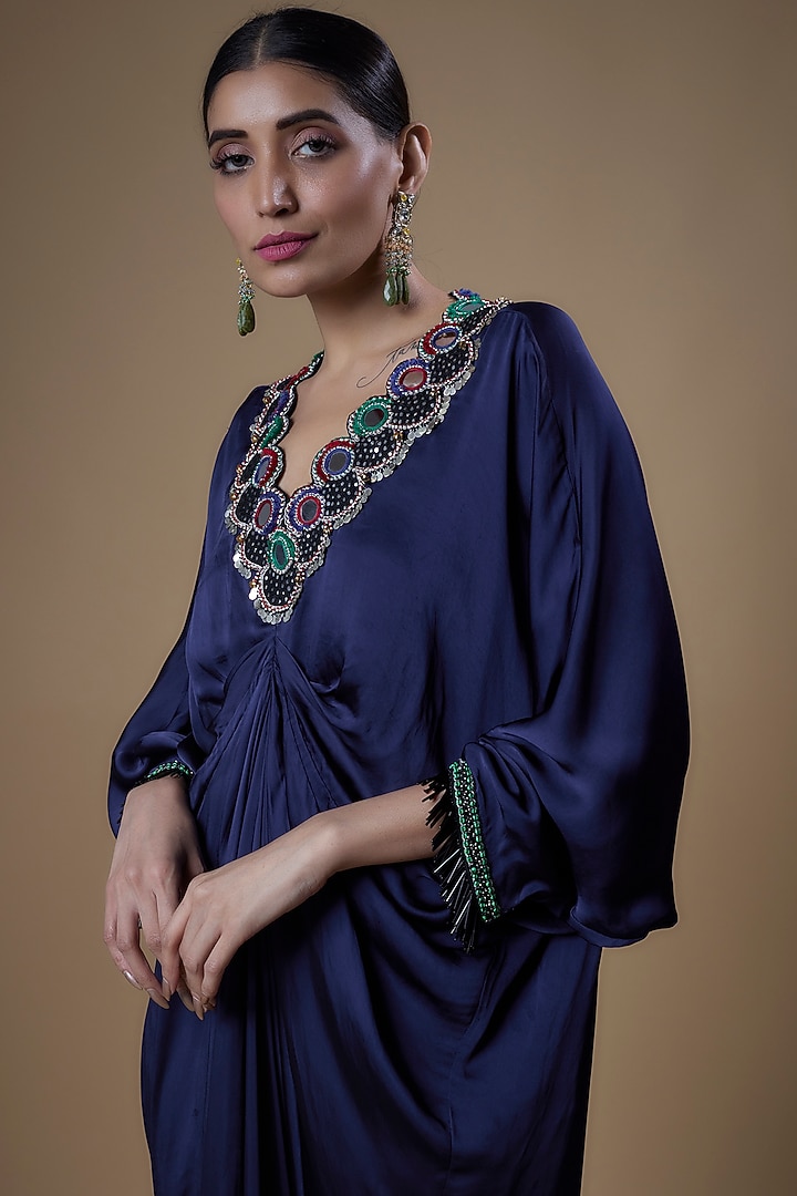 Navy Blue Satin Embroidered Party Wear Dress by Nupur Kanoi at Pernia's Pop Up Shop