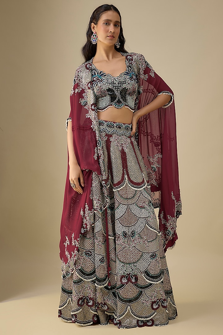 Burgundy Crepe Bridal Lehenga Set by Nupur Kanoi at Pernia's Pop Up Shop