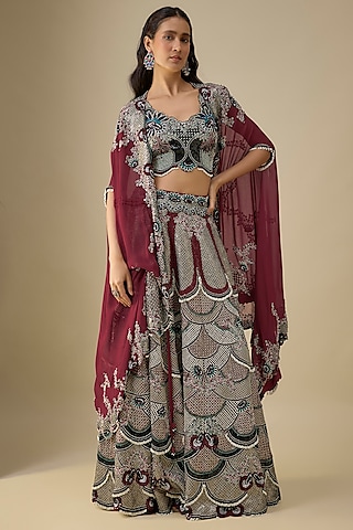 Burgundy Crepe Lehenga Set by Nupur Kanoi