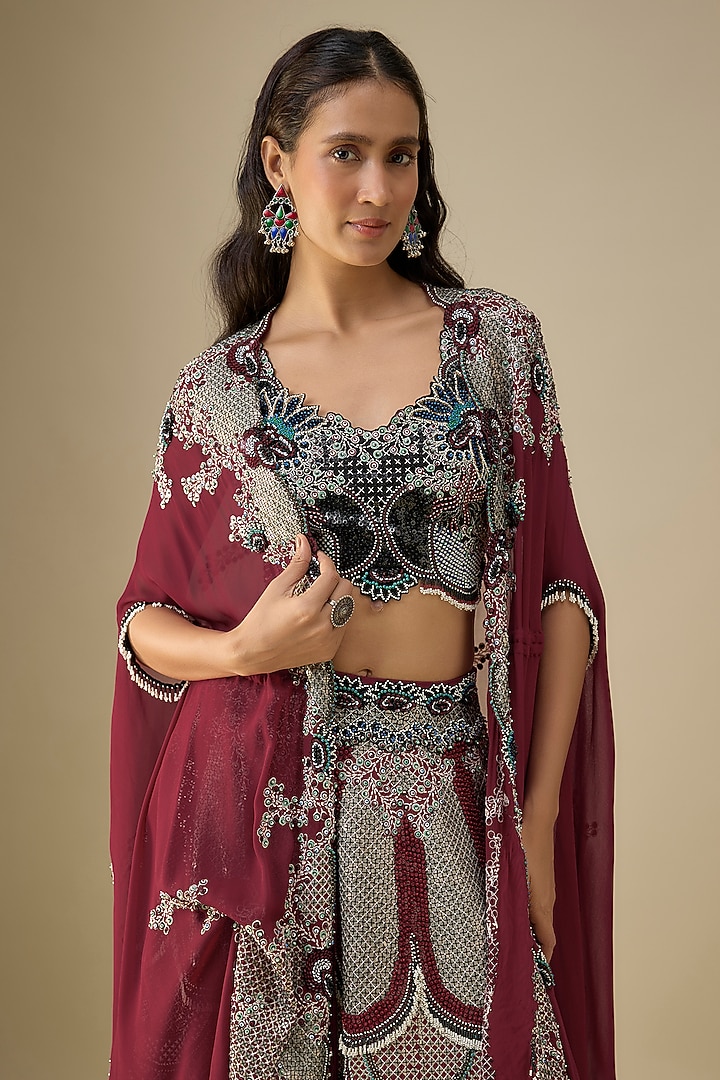 Burgundy Crepe Bridal Lehenga Set by Nupur Kanoi at Pernia's Pop Up Shop