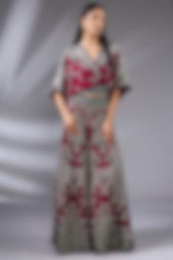 Burgundy Silk & Crepe Hand Embroidered Kalidar Pant Set by Nupur Kanoi at Pernia's Pop Up Shop