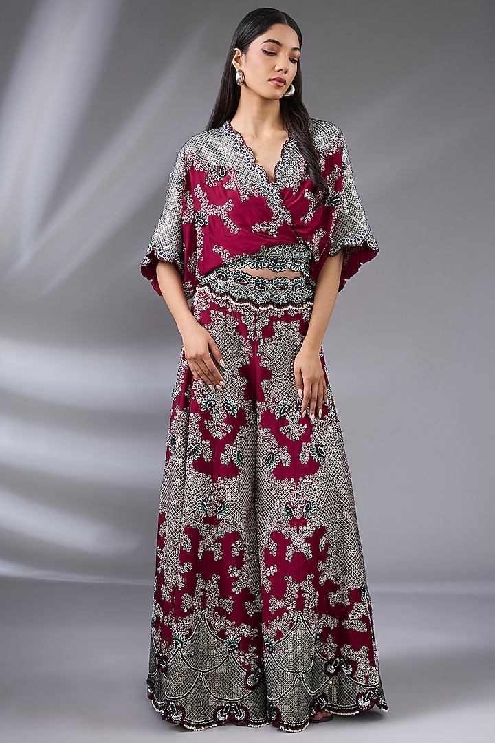 Burgundy Silk & Crepe Hand Embroidered Kalidar Pant Set by Nupur Kanoi at Pernia's Pop Up Shop