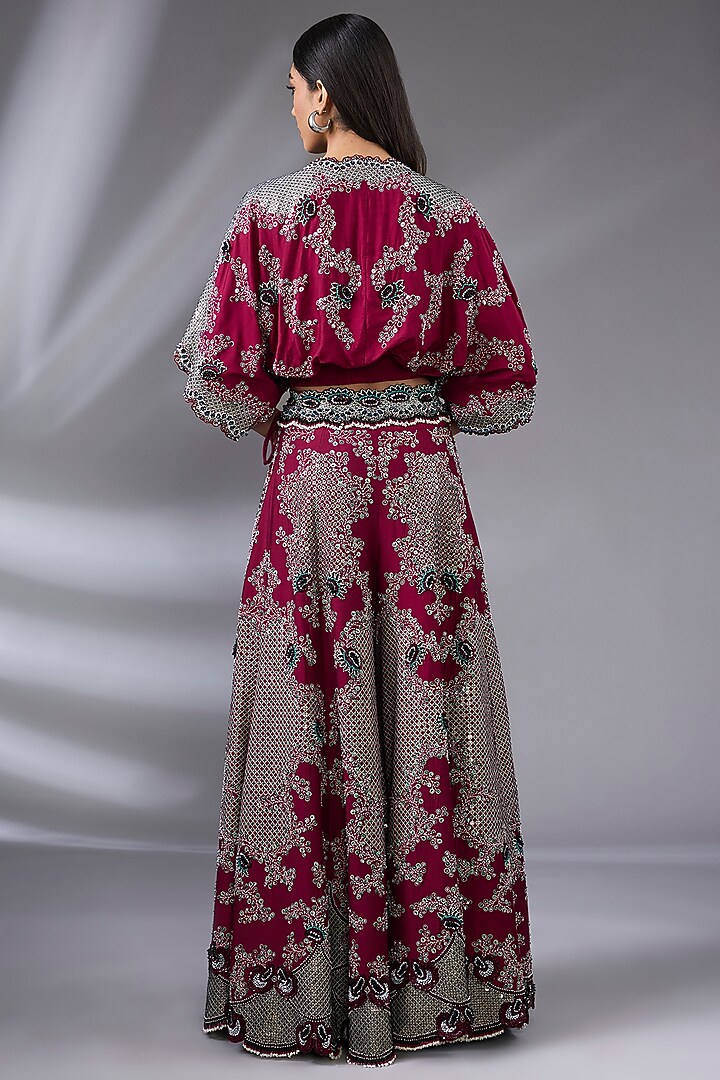 Burgundy Silk & Crepe Hand Embroidered Kalidar Pant Set by Nupur Kanoi at Pernia's Pop Up Shop
