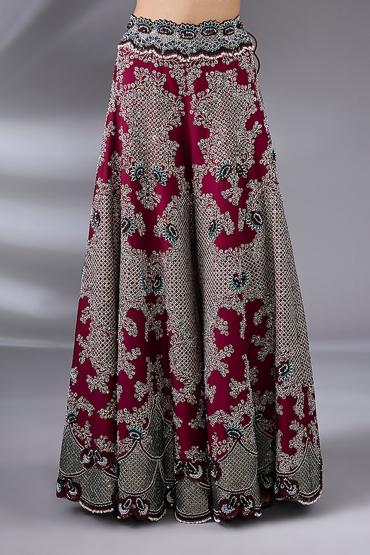 Burgundy Silk & Crepe Hand Embroidered Kalidar Pant Set by Nupur Kanoi at Pernia's Pop Up Shop