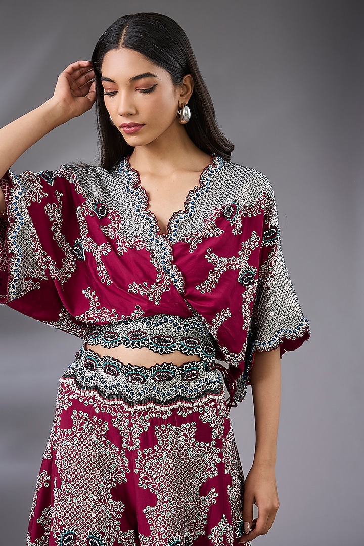 Burgundy Silk & Crepe Hand Embroidered Kalidar Pant Set by Nupur Kanoi at Pernia's Pop Up Shop