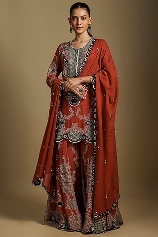 Rust Orange Silk & Crepe Hand Embroidered Gharara Set by Nupur Kanoi