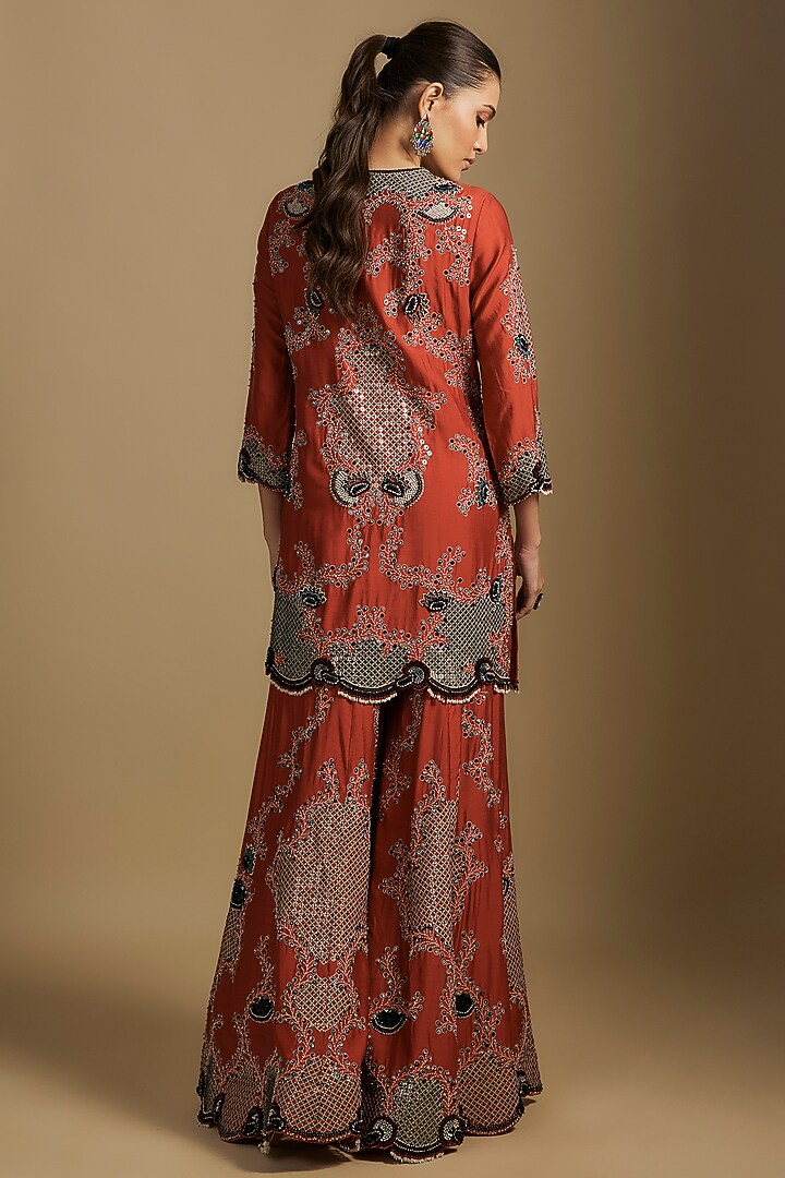 Rust Orange Silk & Crepe Hand Embroidered Gharara Set by Nupur Kanoi at Pernia's Pop Up Shop