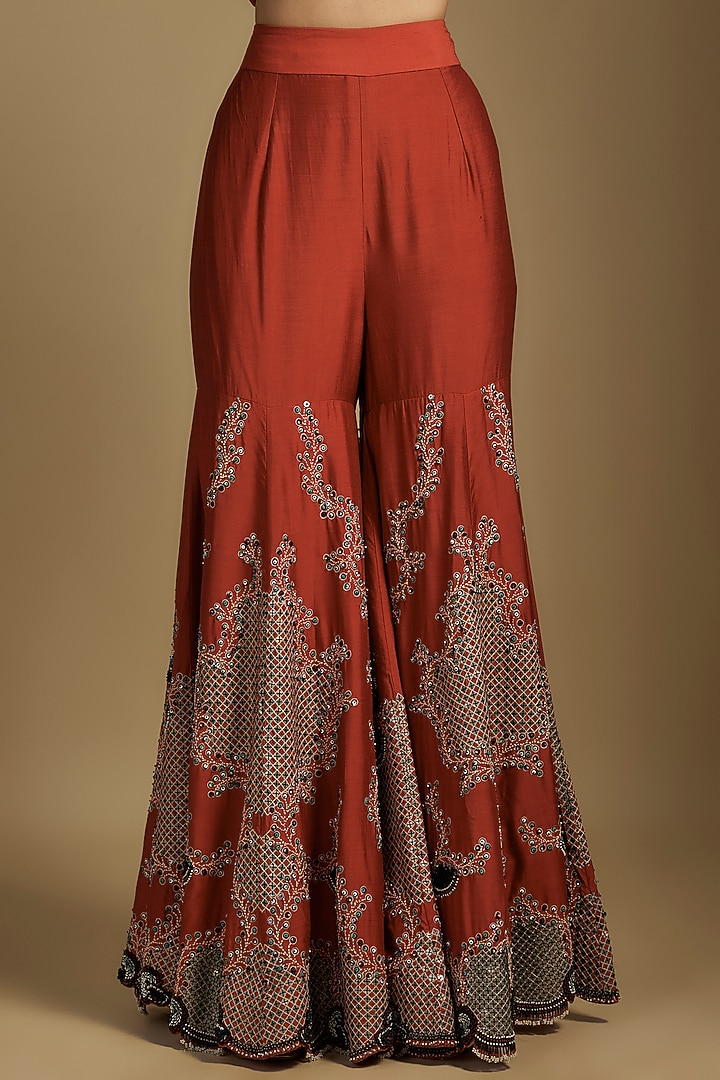 Rust Orange Silk & Crepe Hand Embroidered Gharara Set by Nupur Kanoi at Pernia's Pop Up Shop