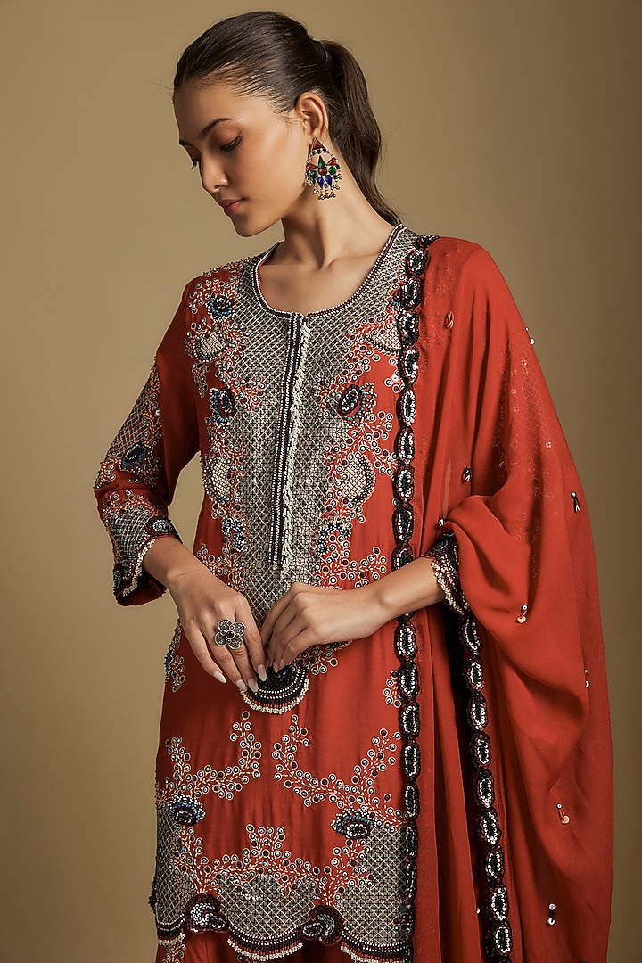 Rust Orange Silk & Crepe Hand Embroidered Gharara Set by Nupur Kanoi at Pernia's Pop Up Shop