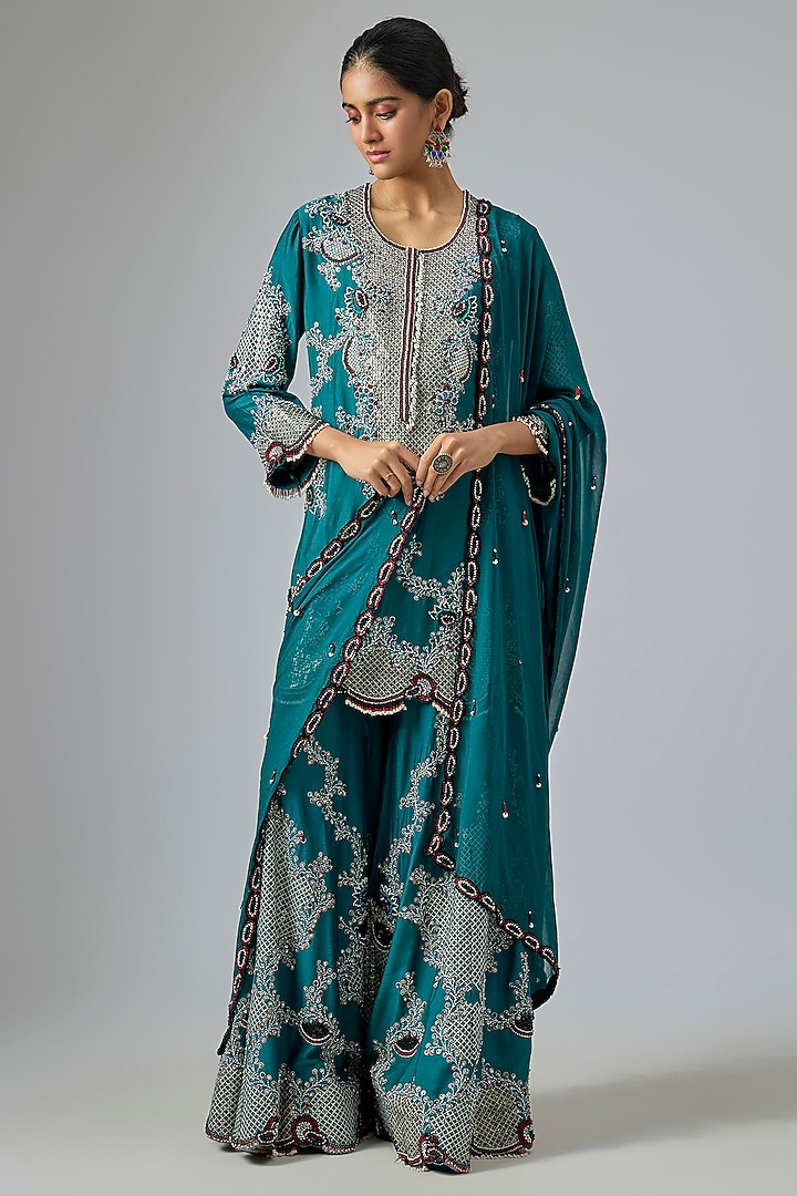 Teal Green Crepe Sequin Hand Embroidered Gharara Set by Nupur Kanoi at Pernia's Pop Up Shop