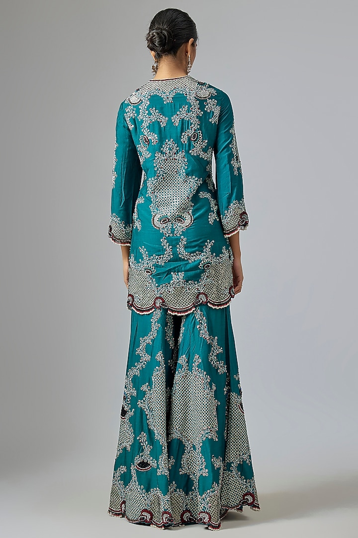 Teal Green Crepe Sequin Hand Embroidered Gharara Set by Nupur Kanoi at Pernia's Pop Up Shop