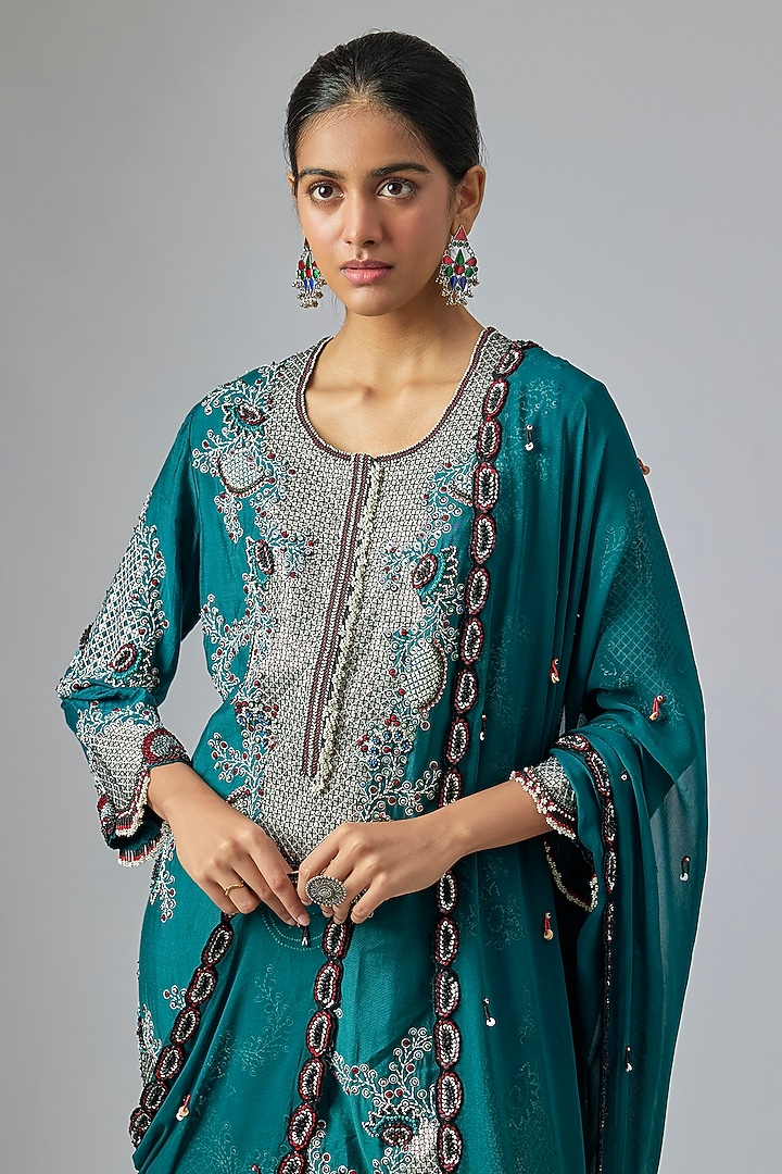 Teal Green Crepe Sequin Hand Embroidered Gharara Set by Nupur Kanoi at Pernia's Pop Up Shop