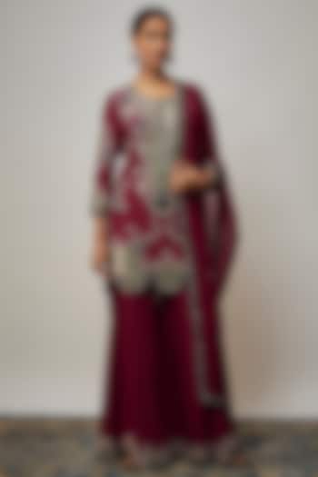Burgundy Crepe Hand Embroidered Gharara Set by Nupur Kanoi at Pernia's Pop Up Shop