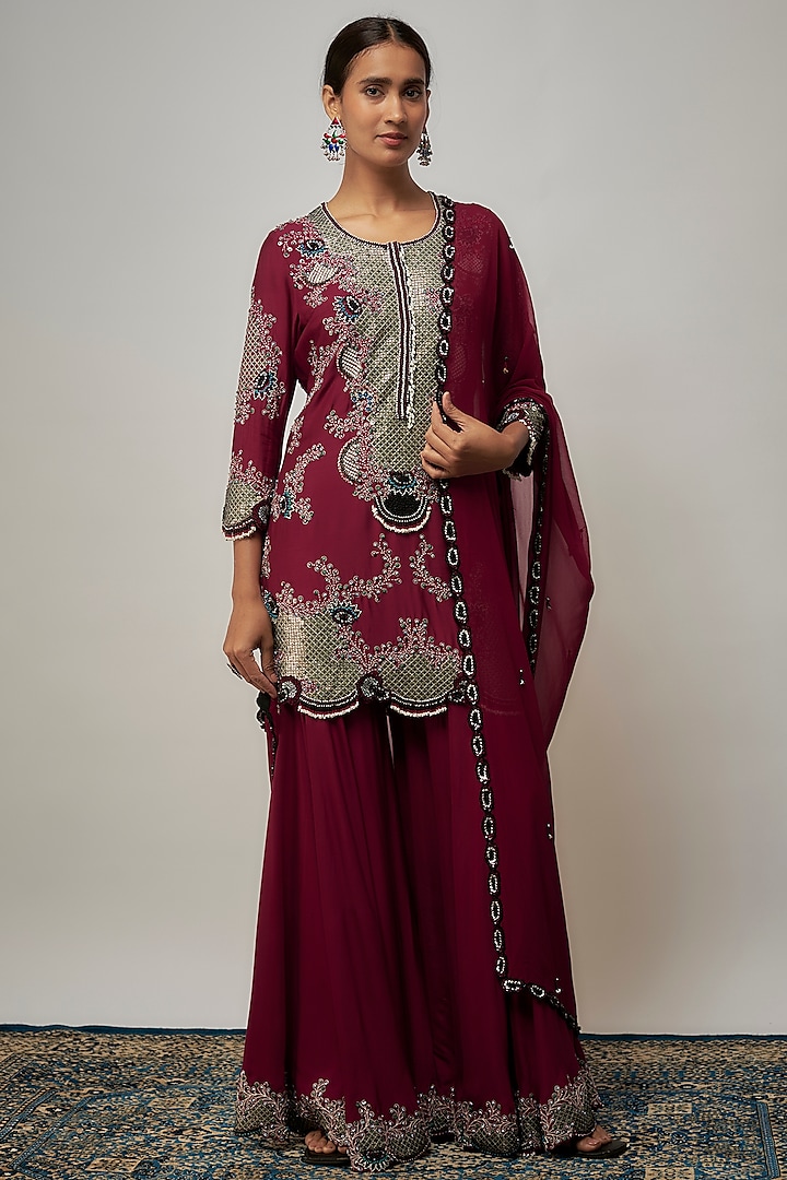 Burgundy Crepe Hand Embroidered Gharara Set by Nupur Kanoi at Pernia's Pop Up Shop