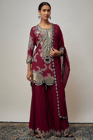 Burgundy Crepe Hand Embroidered Gharara Set by Nupur Kanoi