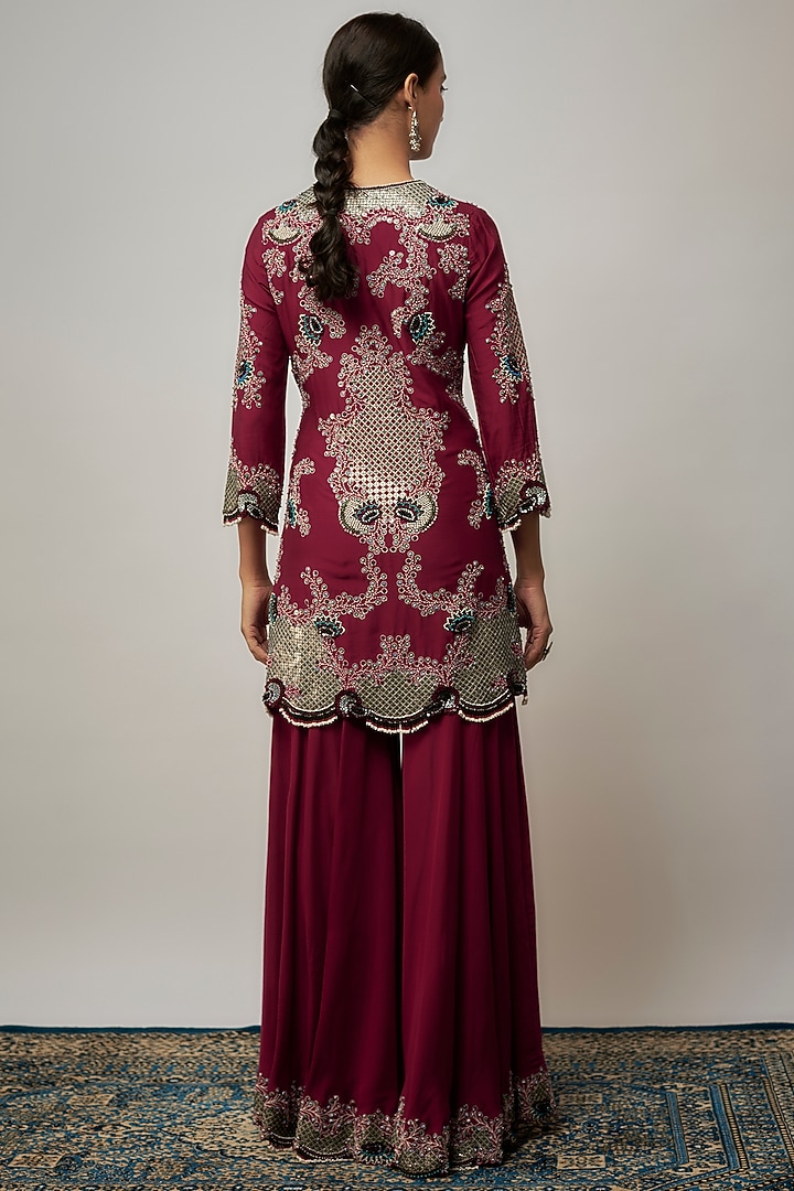 Burgundy Crepe Hand Embroidered Gharara Set by Nupur Kanoi at Pernia's Pop Up Shop