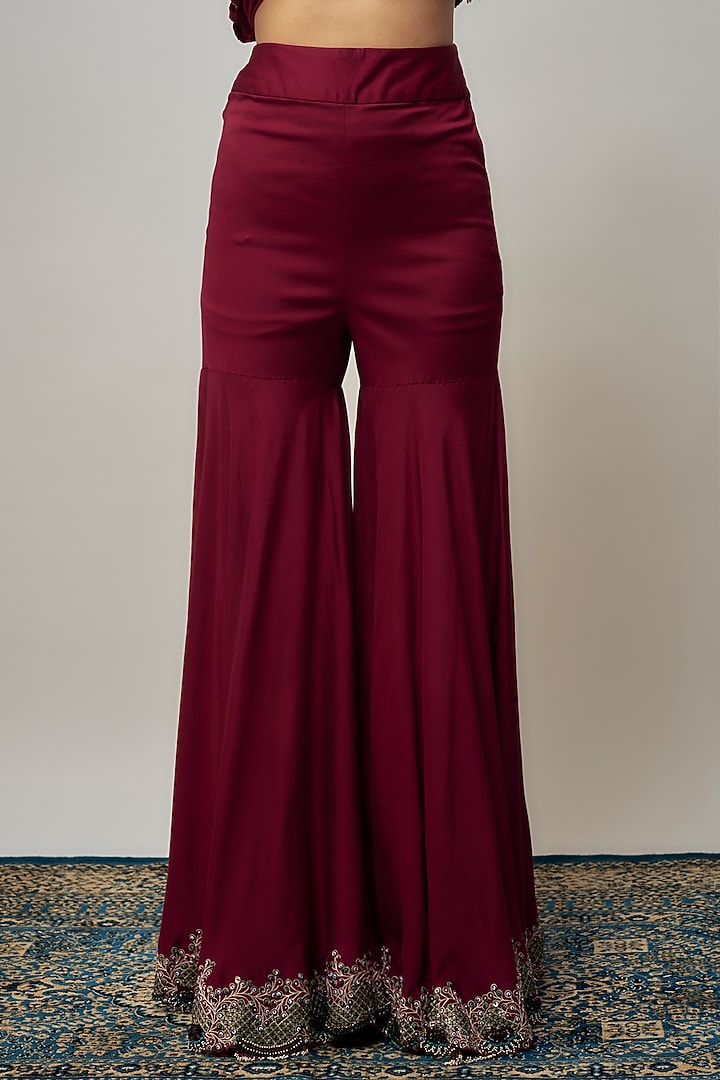 Burgundy Crepe Hand Embroidered Gharara Set by Nupur Kanoi at Pernia's Pop Up Shop