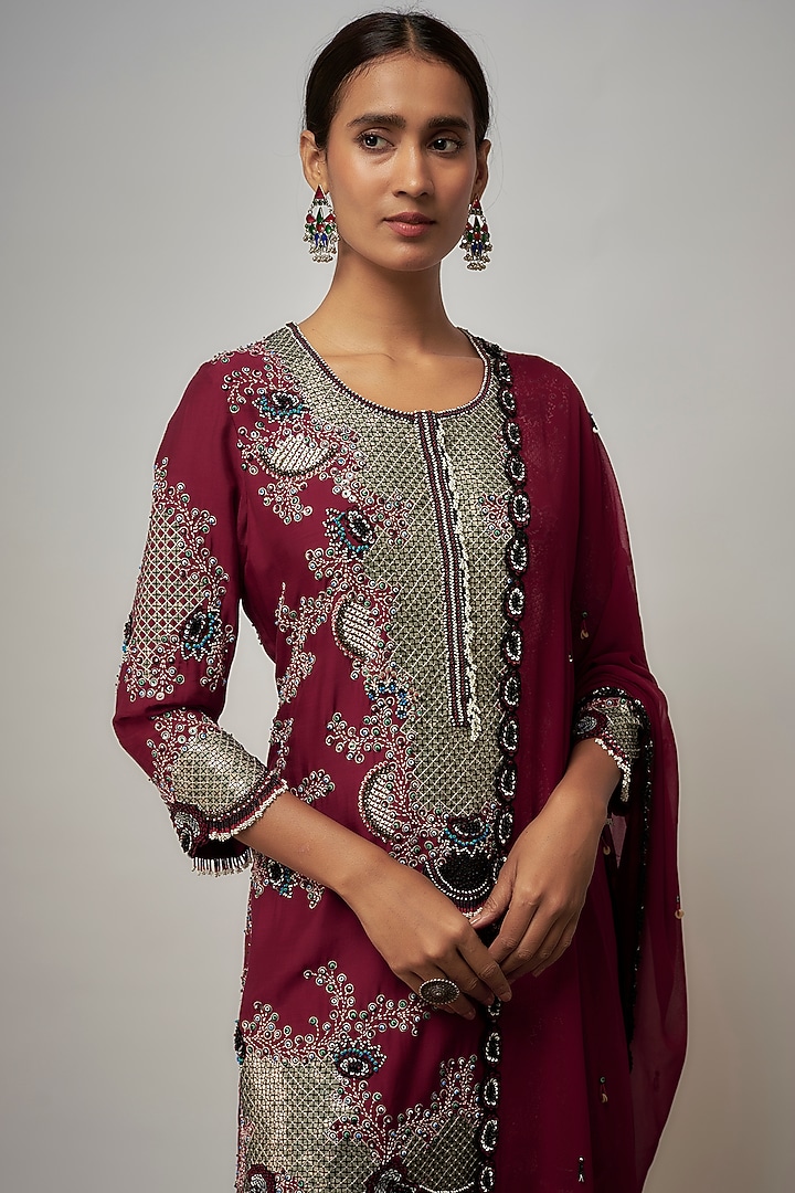 Burgundy Crepe Hand Embroidered Gharara Set by Nupur Kanoi at Pernia's Pop Up Shop