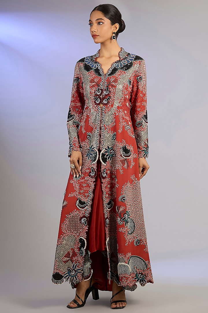 Orange Silk & Crepe Hand Embroidered Jacket Set by Nupur Kanoi at Pernia's Pop Up Shop