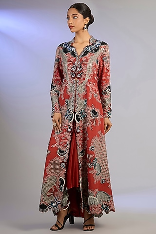 Orange Silk & Crepe Hand Embroidered Jacket Set by Nupur Kanoi