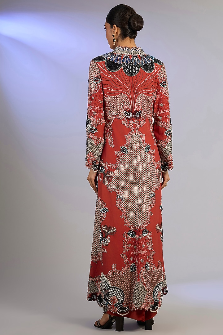 Orange Silk & Crepe Hand Embroidered Jacket Set by Nupur Kanoi at Pernia's Pop Up Shop