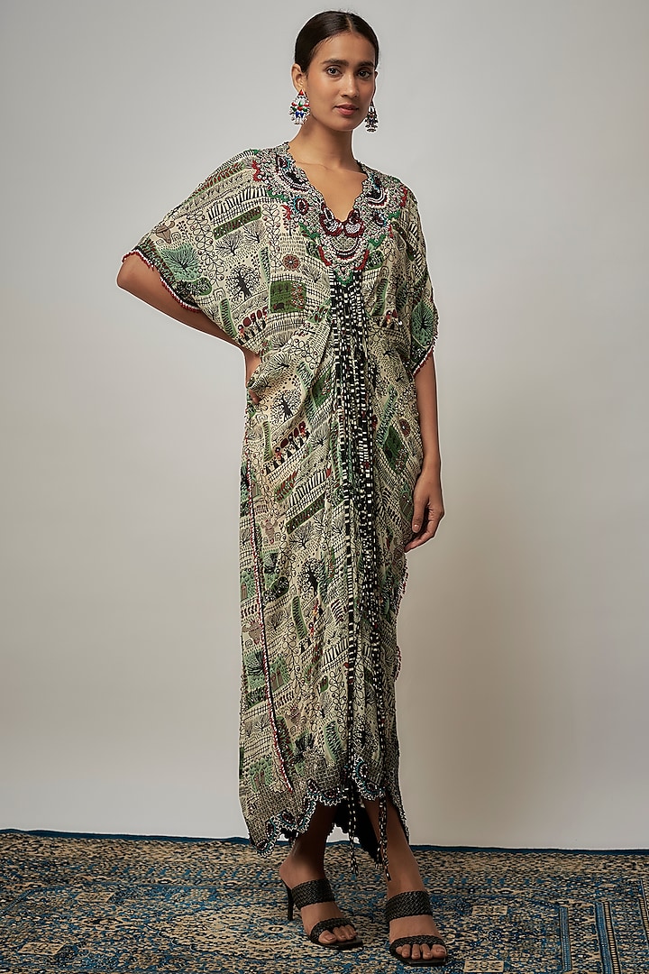 Off-White Crepe Printed & Embroidered Kaftan Dress by Nupur Kanoi at Pernia's Pop Up Shop