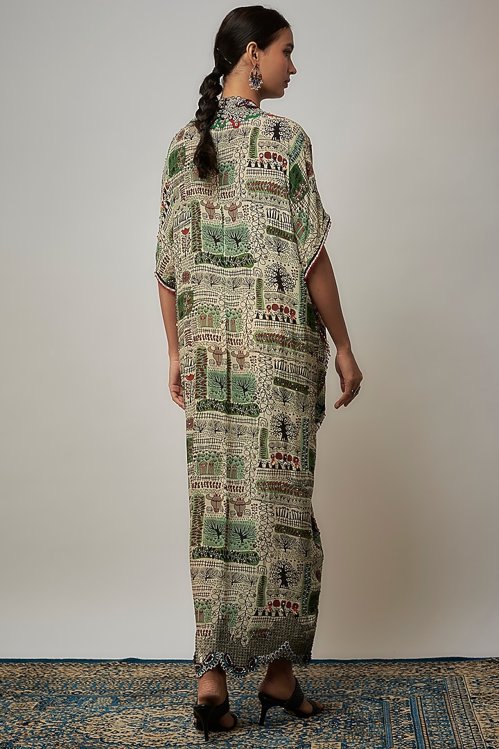 Off-White Crepe Printed & Embroidered Kaftan Dress by Nupur Kanoi at Pernia's Pop Up Shop