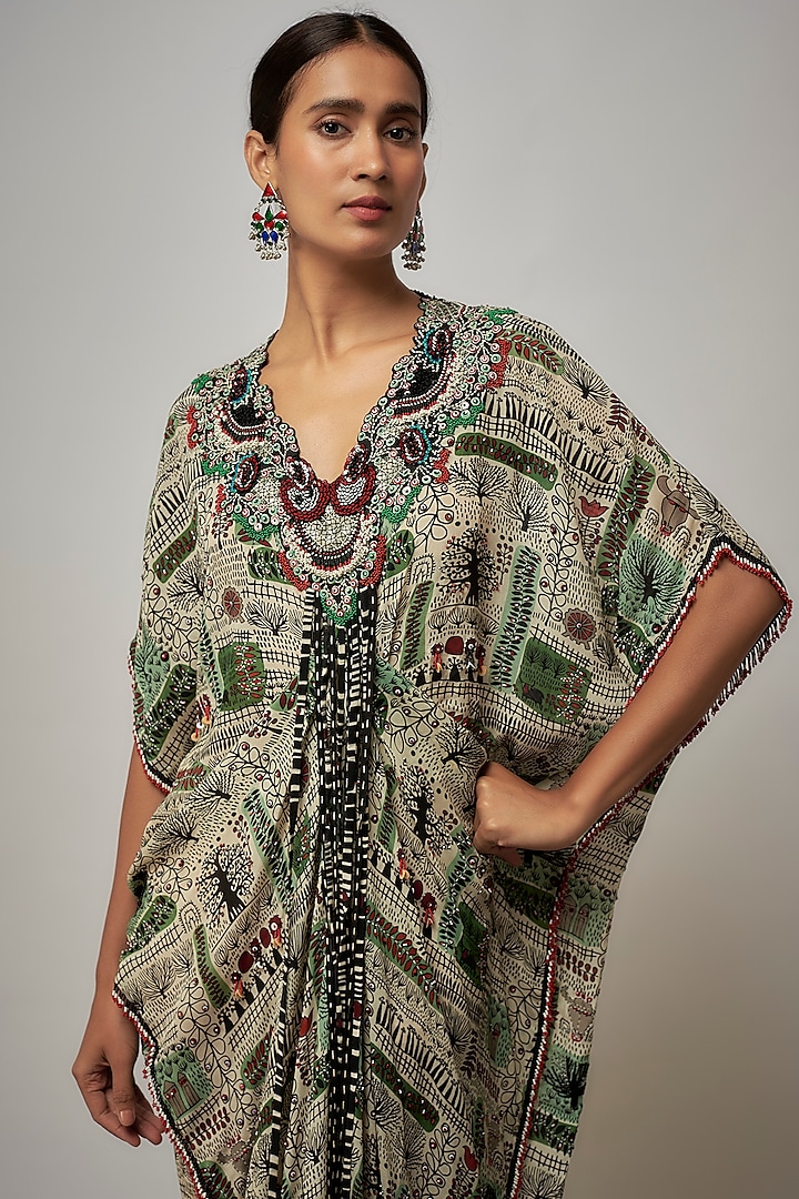Off-White Crepe Printed & Embroidered Kaftan Dress by Nupur Kanoi at Pernia's Pop Up Shop