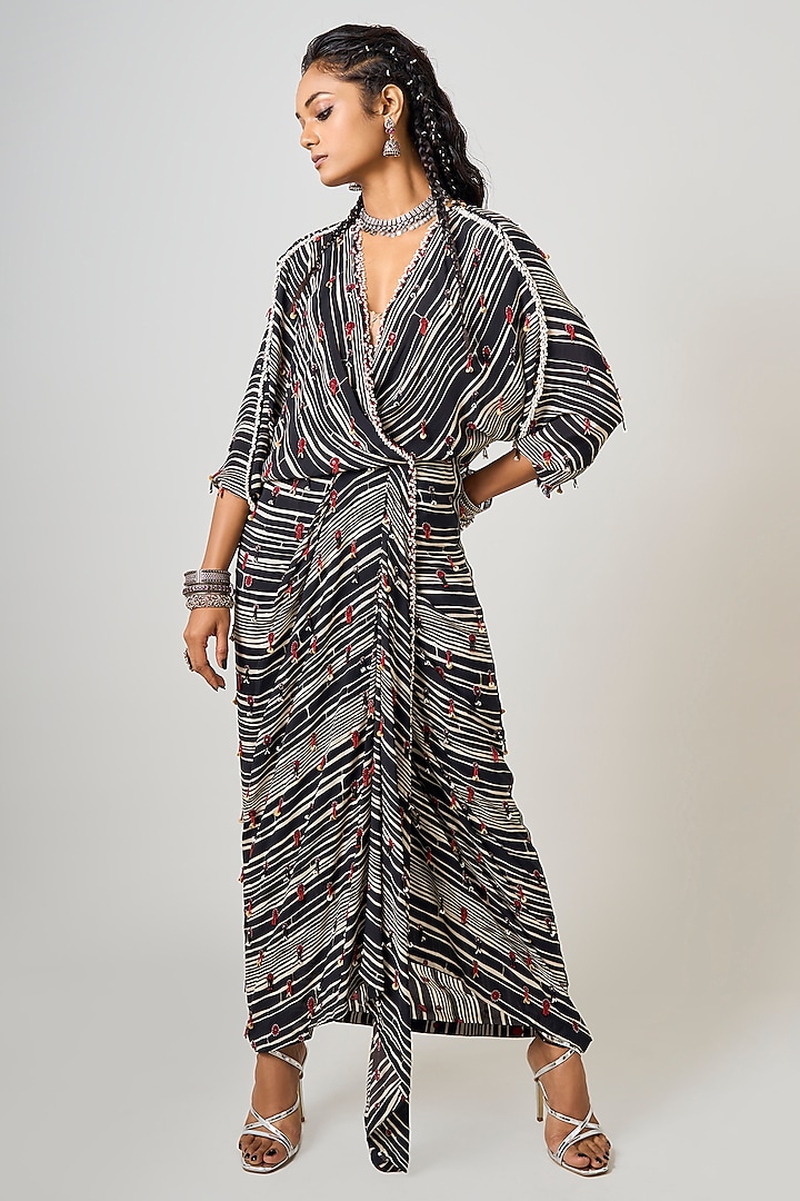 Black Crepe Printed & Hand Embroidered Wrapped Dress by Nupur Kanoi at Pernia's Pop Up Shop