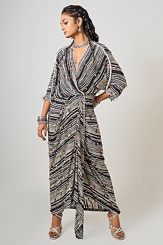 Black Crepe Printed & Hand Embroidered Wrapped Dress by Nupur Kanoi