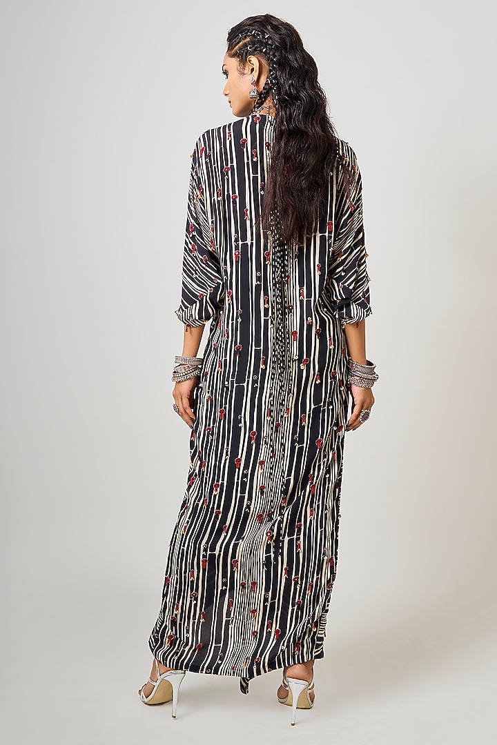 Black Crepe Printed & Hand Embroidered Wrapped Cocktail Dress by Nupur Kanoi at Pernia's Pop Up Shop