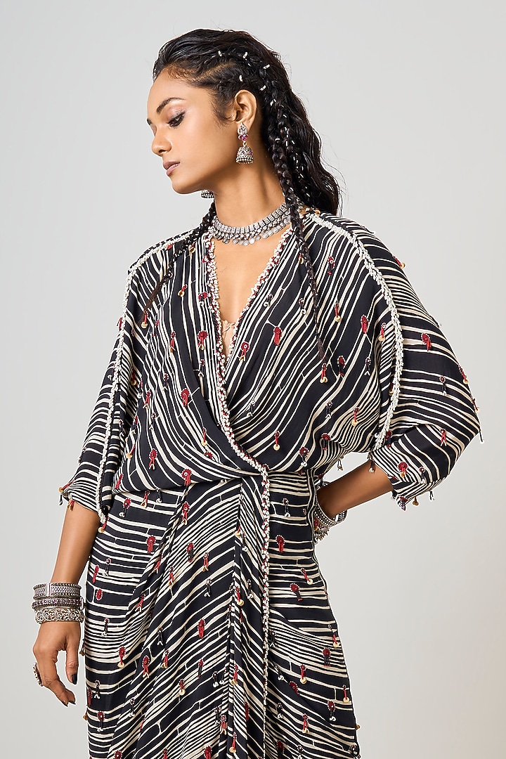 Black Crepe Printed & Hand Embroidered Wrapped Cocktail Dress by Nupur Kanoi at Pernia's Pop Up Shop