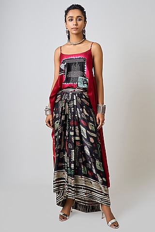 Black Satin Hand Embroidered & Tie-Dye Pick-Up Skirt Set by Nupur Kanoi