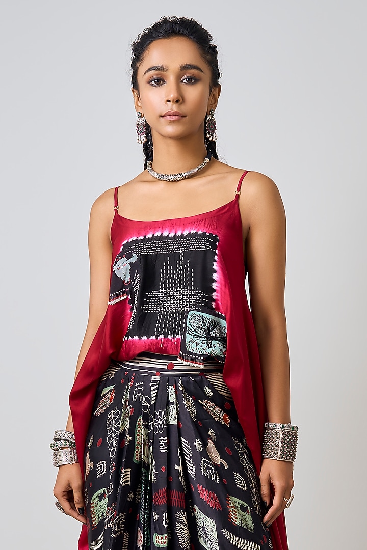 Black Satin Hand Embroidered & Tie-Dye Pick-Up Skirt Set by Nupur  