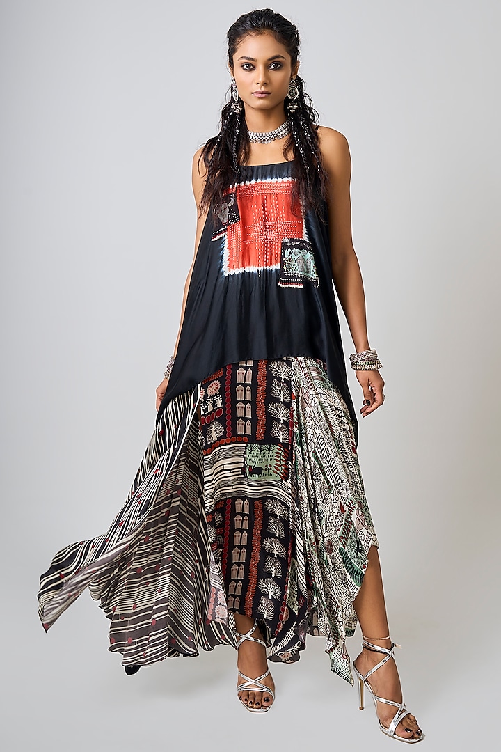 Black Satin Printed & Hand Embroidered Layered Maxi Dress by Nupur Kanoi at Pernia's Pop Up Shop