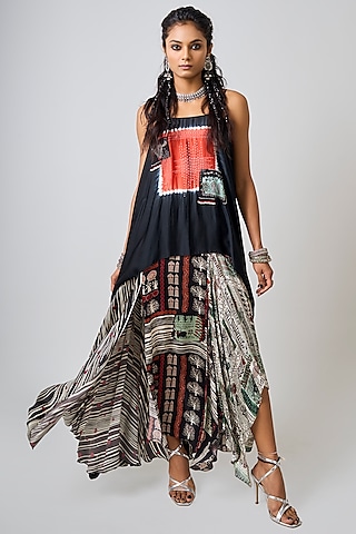 Black Satin Printed & Hand Embroidered Layered Maxi Dress by Nupur Kanoi