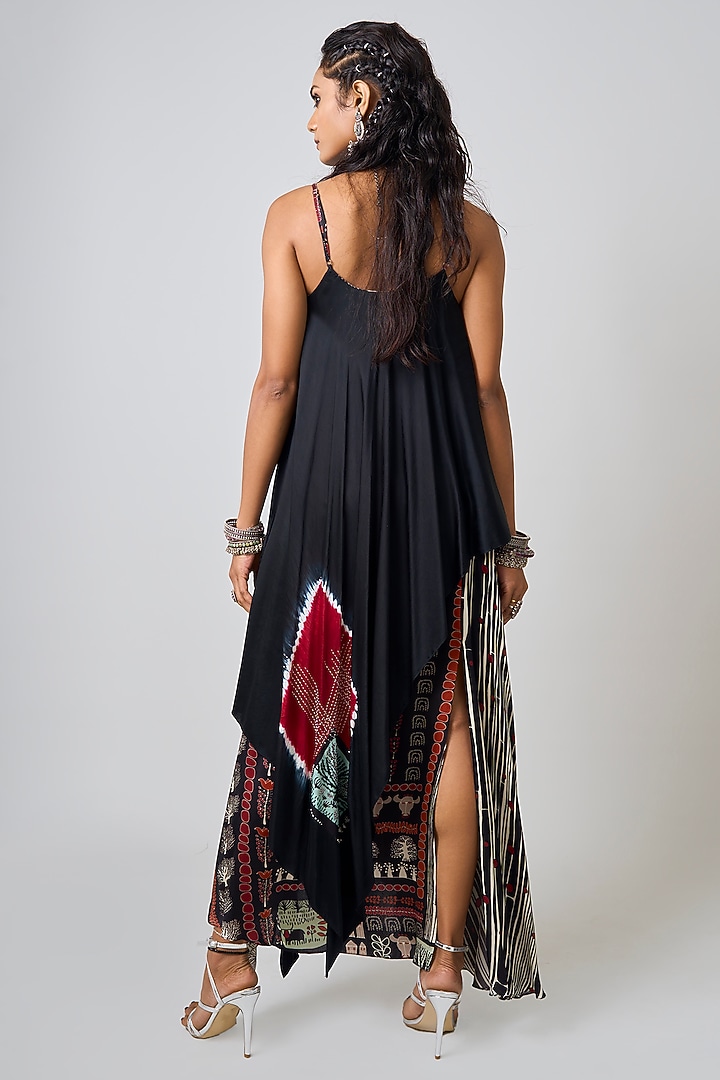 Black Satin Printed & Hand Embroidered Layered Maxi Cocktail Dress by Nupur Kanoi at Pernia's Pop Up Shop