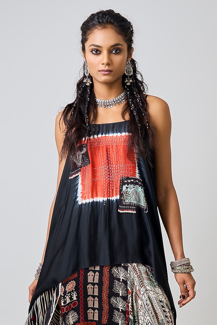 Black Satin Printed & Hand Embroidered Layered Maxi Cocktail Dress by Nupur Kanoi at Pernia's Pop Up Shop