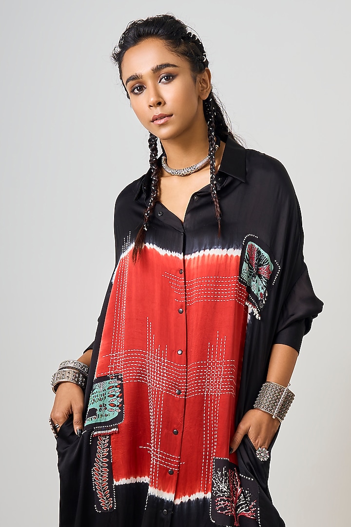 Black Crepe Tie-Dye Printed & Hand Embroidered Co-Ord Set by Nupur Kanoi at Pernia's Pop Up Shop
