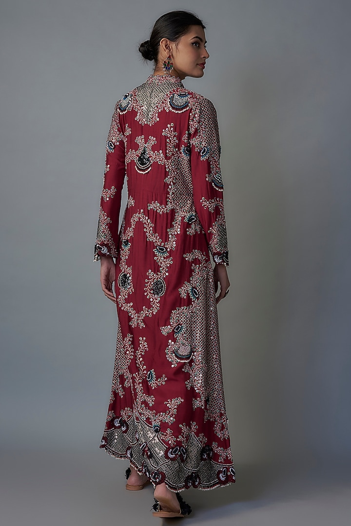 Burgundy Satin Pick-Up Skirt Set by Nupur Kanoi at Pernia's Pop Up Shop