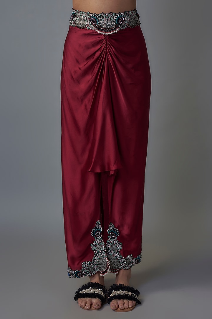 Burgundy Satin Pick-Up Skirt Set by Nupur Kanoi at Pernia's Pop Up Shop