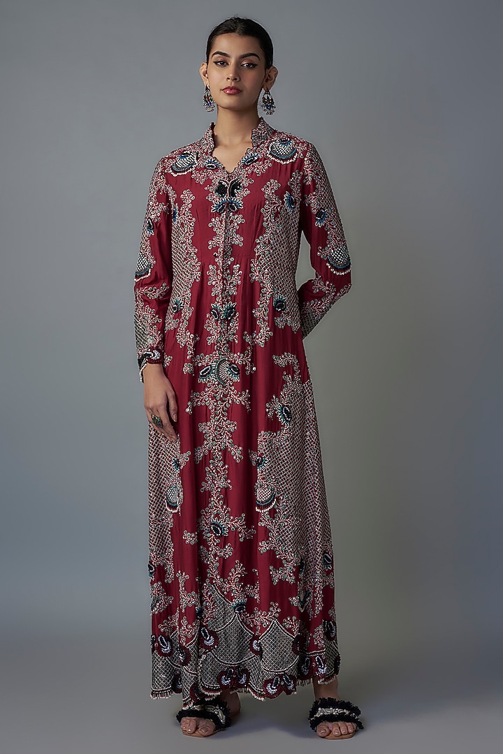 Burgundy Satin Pick-Up Skirt Set by Nupur Kanoi at Pernia's Pop Up Shop