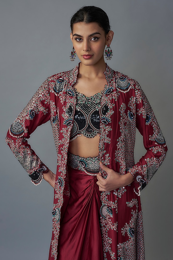 Burgundy Satin Pick-Up Skirt Set by Nupur Kanoi at Pernia's Pop Up Shop
