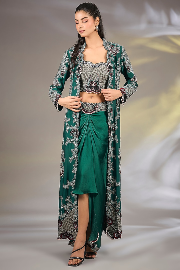 Teal Green Silk Hand Embroidered Jacket Set by Nupur Kanoi at Pernia's Pop Up Shop